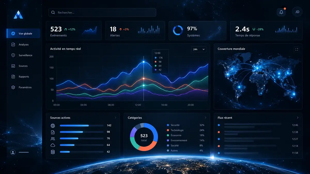 Interface sombre de veille et d'analyse avec graphiques, carte mondiale et indicateurs de suivi.