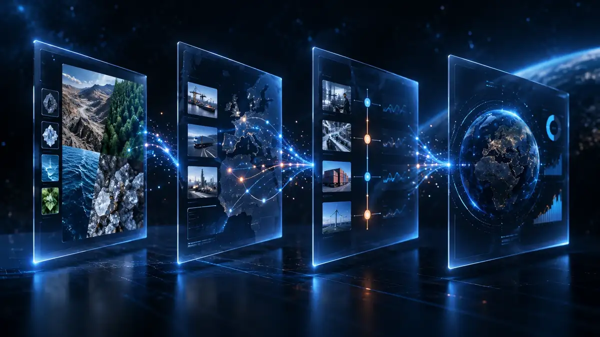 Quatre couches de verre numériques représentant sources, liens, événements associés puis synthèse.