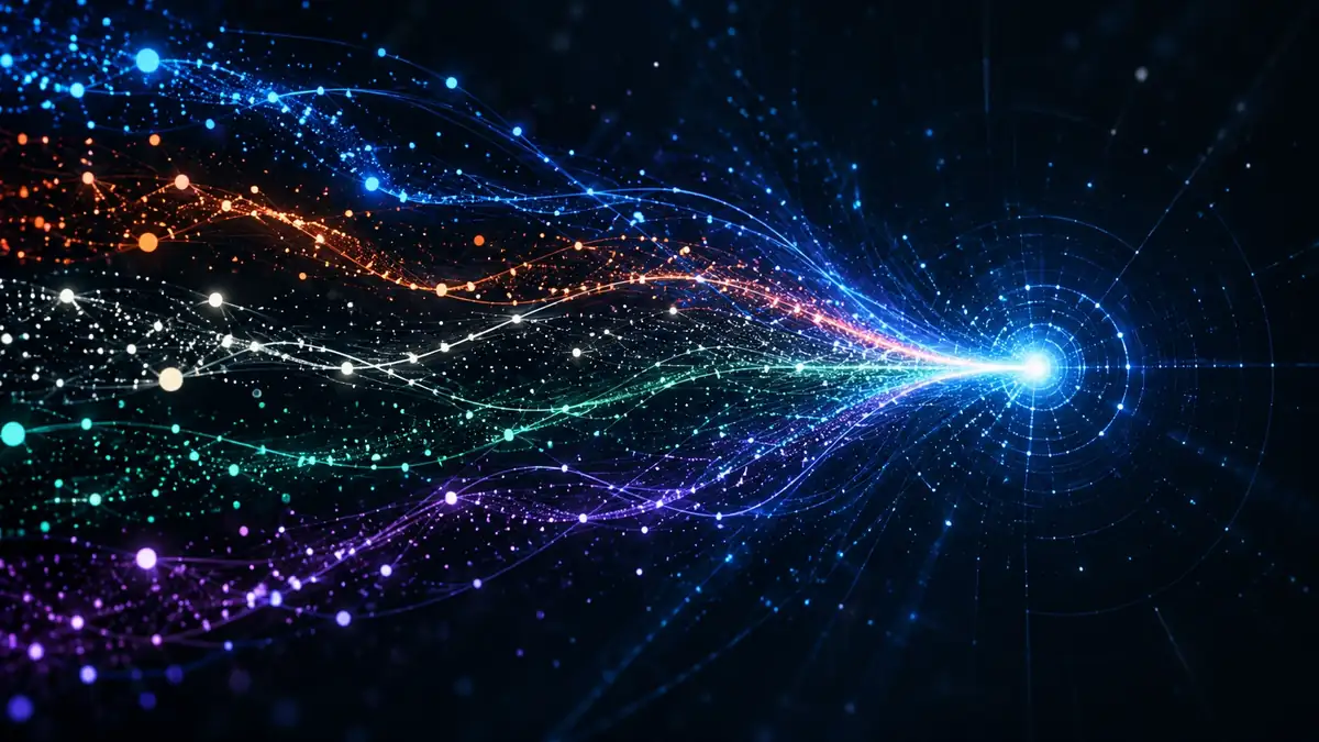 Plusieurs flux colorés représentant différentes familles de sources convergent vers un point de synthèse lumineux.
